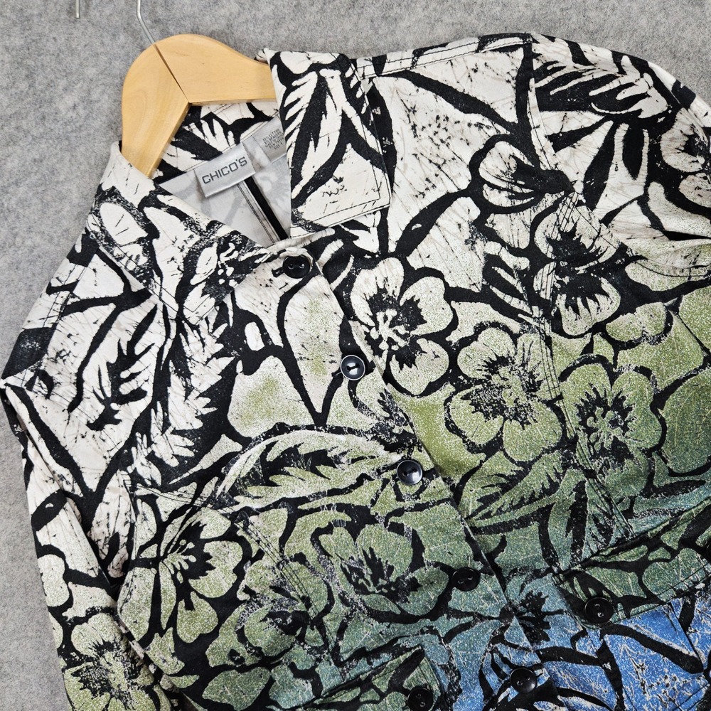Chicos Womens Size 1 (M) Floral Print Button Front Jacket Green Blue White Ombre